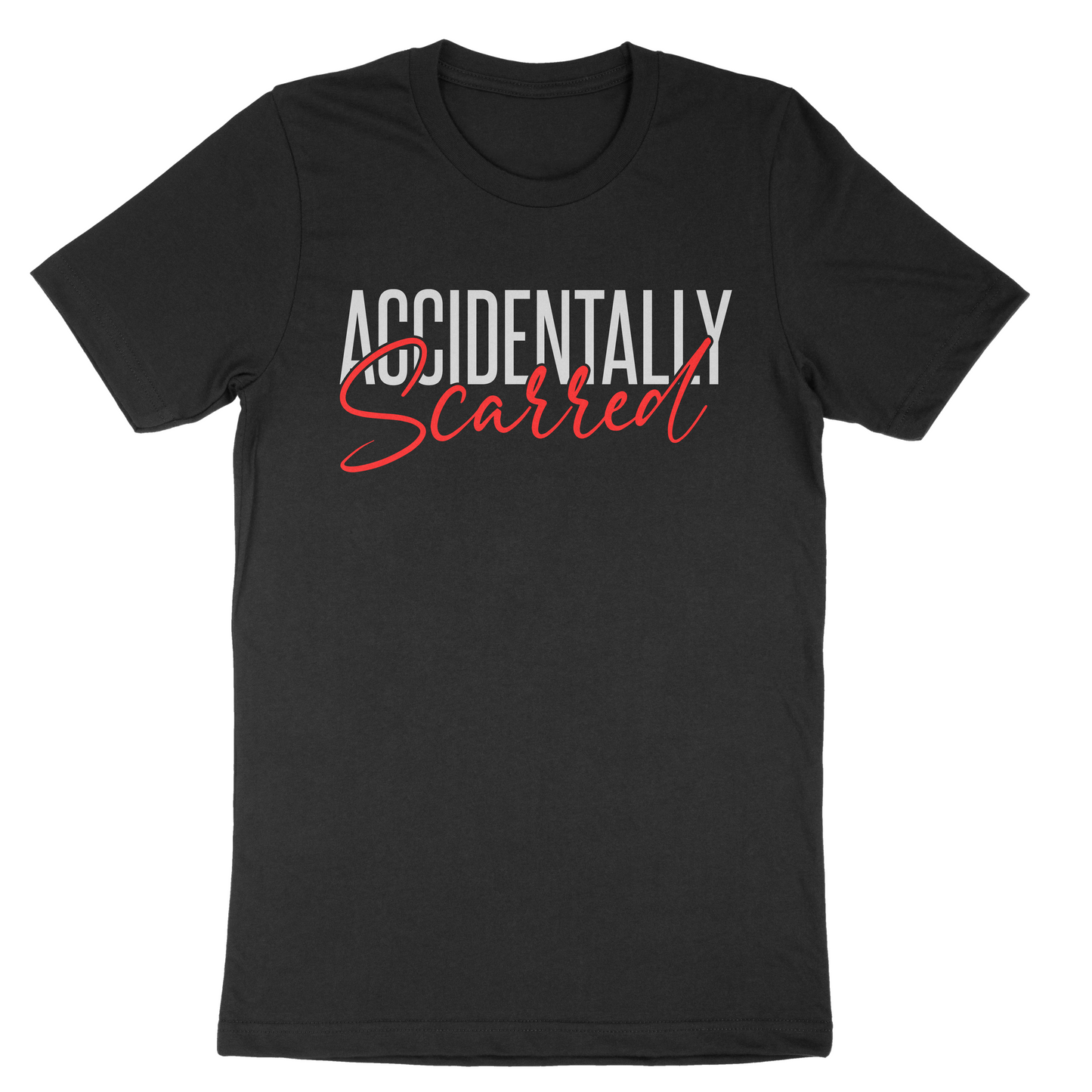 Accidentally Scarred Short Sleeve Black T-Shirt white & red font