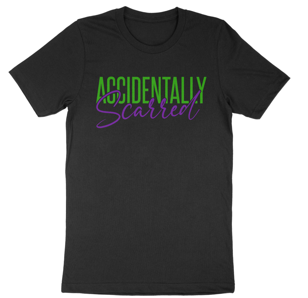 Accidentally Scarred Short Sleeve Black T-Shirt with Green and Purple Font